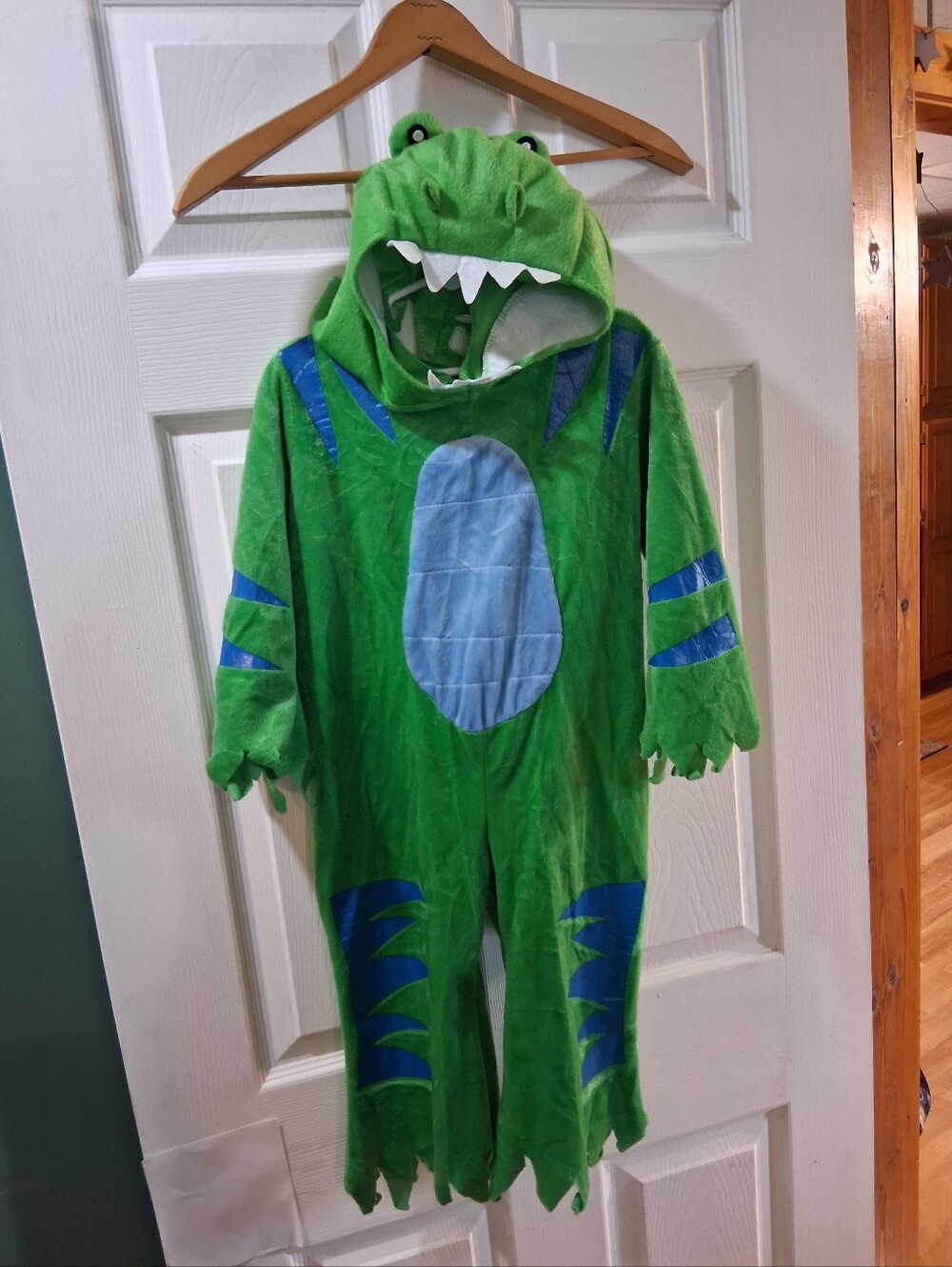 Kids Green Dinosaur Hooded Costume with Blue Accents